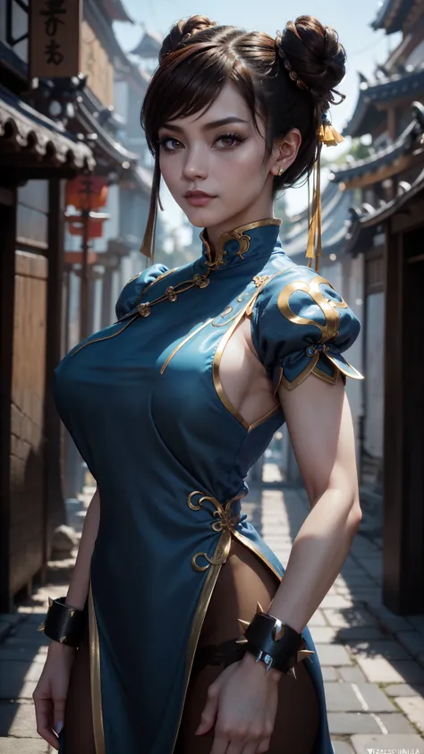 Chun Li,(pelo negro dos trenzado) , Brown eyes,  
ropa china, spiked bracelet, pendientes ,( vestido azul chino :1.4) 
de pie, parte superior del cuerpo,  sonrisa,  faja, (pantimedias negra nylons ), 
barrio chino, Noche , 
(incredibly detailed, hermoso ro...