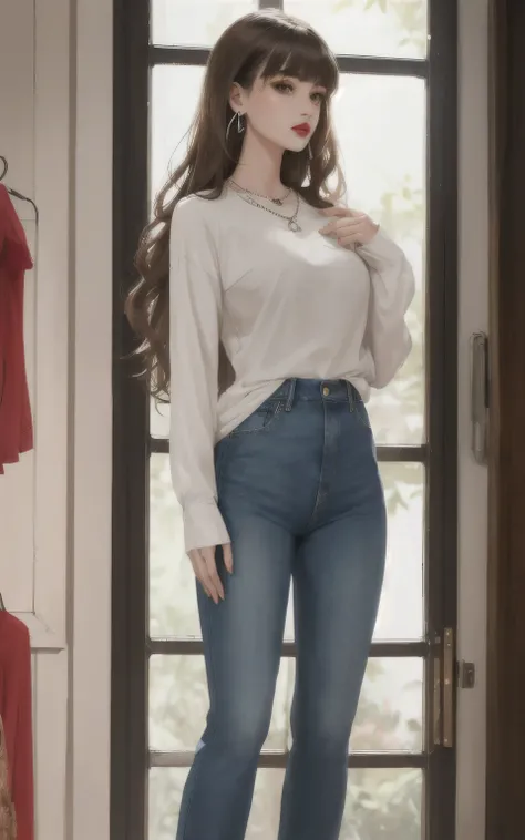 1girl, bangs, light brown hair, blunt bangs, brown eyes, denim, earrings, jeans, jewelry, lips, long hair, long sleeves, looking at viewer, necklace, pants, red lips, shirt, solo,  standing, looking away, 
masterpiece, best quality, toon (style),