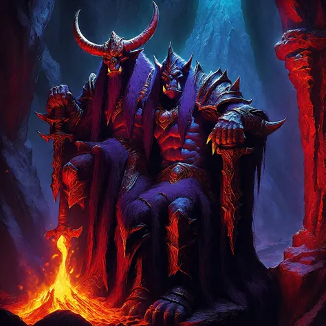 Demonic creature sitting on a throne in a lava cave, World of Warcraft Art, World of Warcraft concept art, World of Warcraft Art style, World of Warcraft ink art, blizzard World of Warcraft Artwork, World of Warcraft Artwork, jeff easley movies, inspired a...