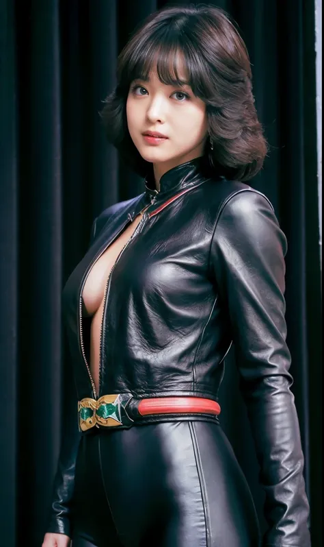 (Raw photo:1.2), Beautiful woman, Big , High resolution, highest quality,  ((Black Leather Kamen Rider Suit)､Circuit Field, With big breasts, whole body