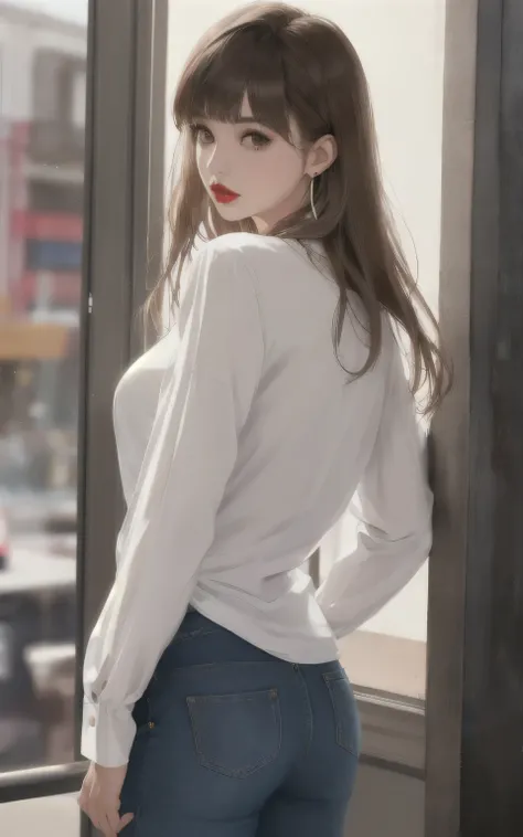 1girl, bangs, light brown hair, blunt bangs, brown eyes, denim, earrings, jeans, jewelry, lips, long hair, long sleeves, looking at viewer, necklace, pants, red lips, shirt, solo,  standing, looking away, 
masterpiece, best quality, toon (style),