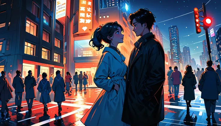 (best quality,ultra-detailed,realistic:1.37),humor,comic style,bold lines,vibrant colors, Close to cold colors,reduce saturation,beautiful night scene, saturday lover,girl and boy, joyful couple, laughter, love in the air, city lights, ((intersection:2.2))...