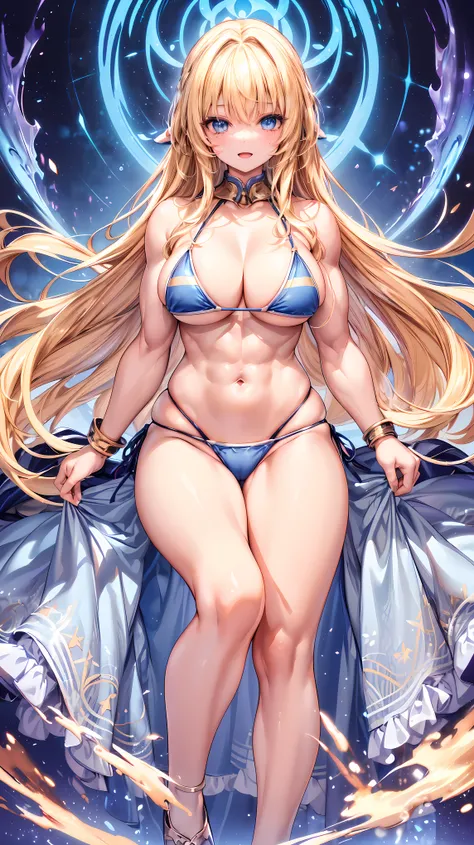 Very detailed、highest quality、Best image quality、masterpiece、8k、Anime Face、A kind smile、(Open your mouth:1.3)、Sparkling blue eyes、(Blonde Hair:1.5)、(Muscles of the whole body:1.3)、(High leg:1.5)、Thigh belt、(bikini:1.5)、(Cowboy Shot:1.5)、(SFW Giant)