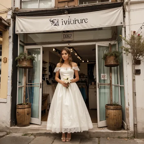 Una tienda por fuera, que se vean algunos vestidos de novia dentro, el nombre de la boutique que sea Darling 