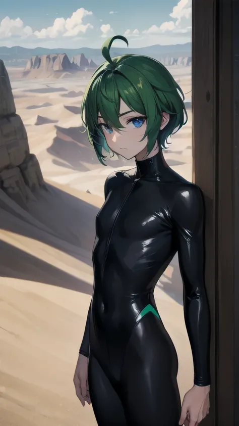 (masterpiece), ((sfw)), best quality, expressive eyes, perfect face, mature male, (1boy, adult Man), young adult, young man, solo, Green hair BREAK ahoge, blue eyes BREAK bodysuit, black suit, :/, standing, desert, sand, landscape, day, outdoors 