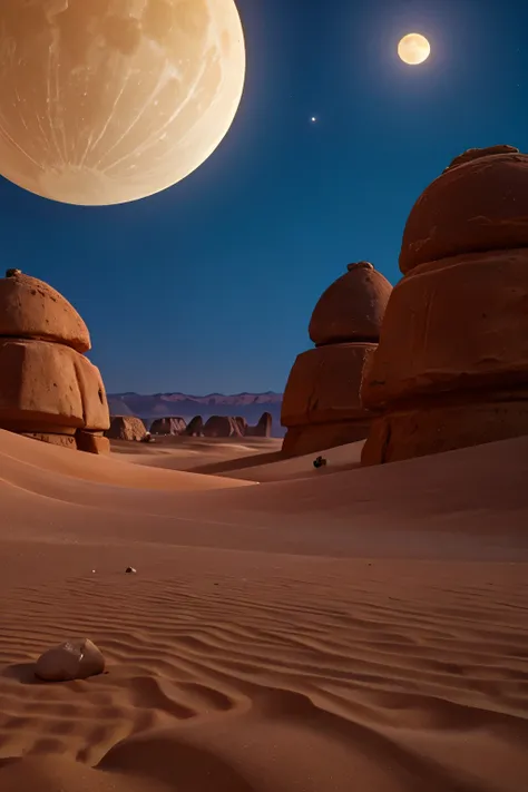 Desert at night，There are moons