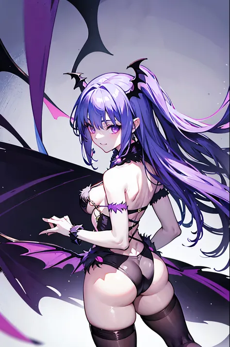 highest quality　Highest quality　Draw a face carefully　High-definition anime-style face　Super Glowing Skin　Black leotard　Bat-print purple pantyhose　Succubus　lure　smile　Rear view　Back view　Morrigan Aensland