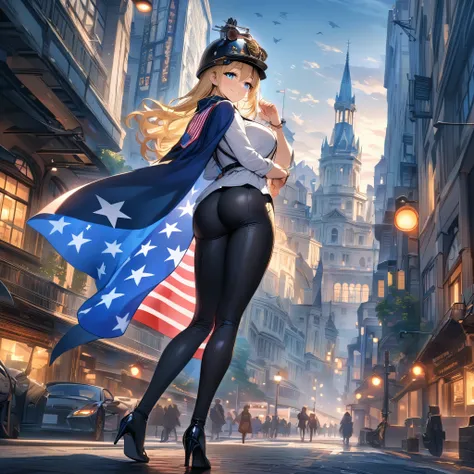 A woman wearing a navy blue coat as a cape on her back, white shirt inside, big breasts wearing tight pants personalized with the flag of the United States, wearing high heels, long blonde hair, ice blue eyes, smiling, bracelet in the shape of a tower of a...