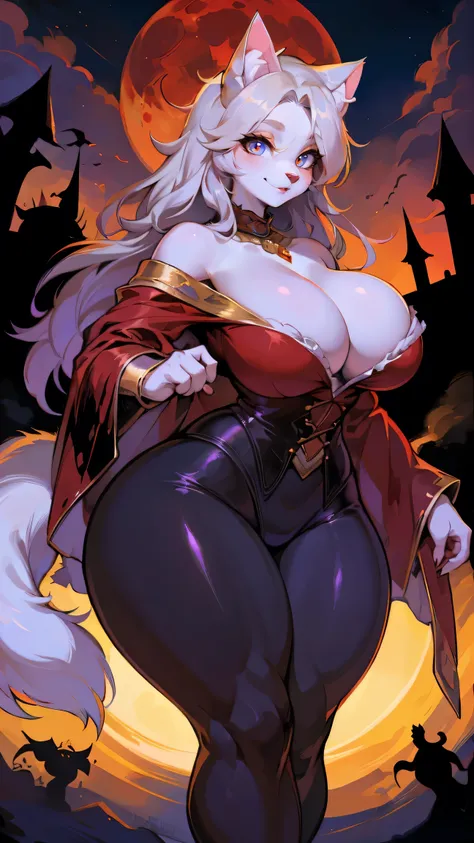 red robe,Large Breasts,(best quality,4k,8k,highres,masterpiece:1.2),ultra-detailed,(fluffy:1.5),catwoman,(beautiful/detailed eyes:1.1),long lashes,flowy chiffon,(jewelry/accessories:1.1),well-proportioned figure,(thick thighs:1.1),loona,perfectly high-deta...