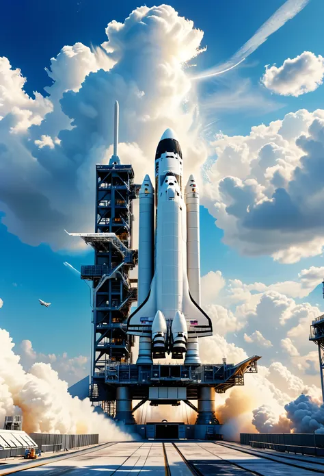 Space Defense, Houston rocket launch site, wide angle long shot of a white space shuttle launching from a launch site, clear blue sky with white clouds, highly detailed, ultra-high resolutions, 32K UHD, best quality, masterpiece, 