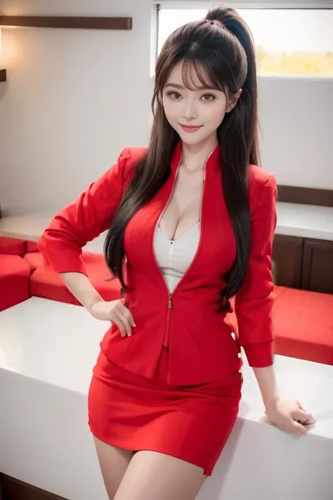 (masterpiece:1.2, highest quality:1.2), 32K HDR, High resolution, (alone、1 girl、At the airport counter, Professional Lighting), （Realistic style with AirAsia flight attendant uniforms）、（AirAsia uniform unzipped red jacket、AirAsia uniform long sleeve red ja...