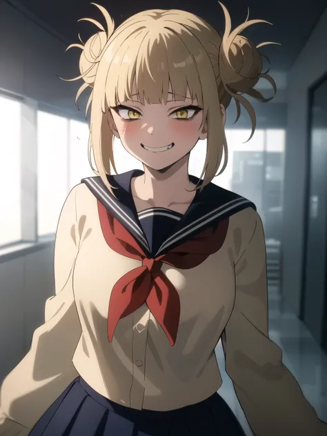 highest quality, masterpiece, High resolution,Himiko T, evil grin, crazy, evil, Dynamic pose, highest quality, masterpiece, High resolution、 (One girl, alone), Blonde, Double good, Messy Hair, bangs, (Perfect Eyes, Yellow Eyes), serafuku, Sagging under the...