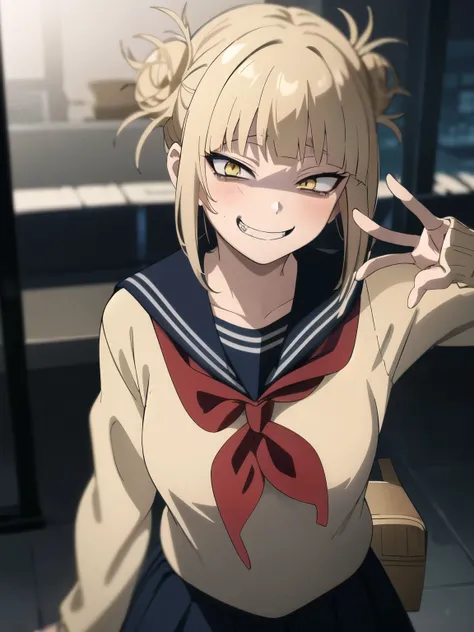 Himiko T, evil grin, crazy, evil, Dynamic pose, highest quality, masterpiece, High resolution、 (One girl, alone), Blonde, Double good, Messy Hair, bangs, (Perfect Eyes, Yellow Eyes), serafuku, Sagging under the eyes, (Close your mouth), Blue Skirt, Long sl...