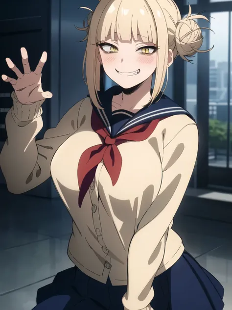 highest quality, masterpiece, High resolution,,Himiko T, evil grin, crazy, evil, Dynamic pose, highest quality, masterpiece, High resolution、 (One girl, alone), Blonde, Double good, Messy Hair, bangs, (Perfect Eyes, Yellow Eyes), serafuku, Sagging under th...