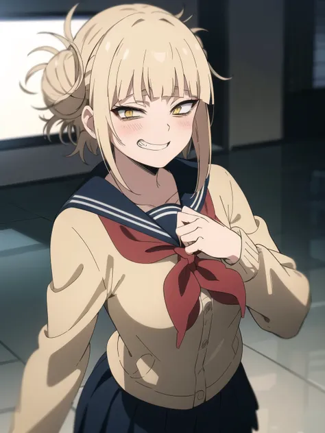 Himiko T, evil grin, crazy, evil, Dynamic pose, highest quality, masterpiece, High resolution、 (One girl, alone), Blonde, Double good, Messy Hair, bangs, (Perfect Eyes, Yellow Eyes), serafuku, Sagging under the eyes, (Close your mouth), Blue Skirt, Long sl...