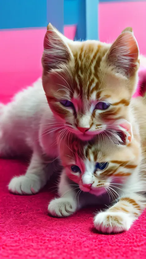 ２two kittens playing together　fluffy　the cat fills the screen　cupid&#39;s bow is placed　cats are angels　on the bed　highest quali...