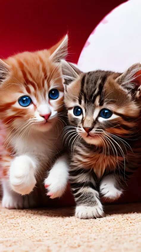 ２two kittens playing together　fluffy　the cat fills the screen　cupid&#39;s bow is placed　cats are angels　on the bed　highest quali...