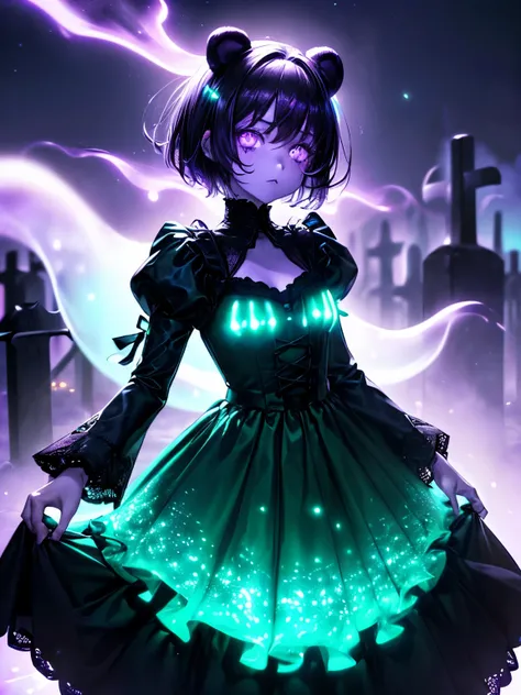 Masterpiece, Highest Quality, (Number: 1.0), Close-up, Face Focus, ((Kemonomimi girl with black bear ears: 1.4)), Solo, ((Black Hair Very Very Short Hair : 1.3)), Plump and Glossy Lips, (Beautiful purple eyes: 1.3), (((Dark green long skirt dress with blac...