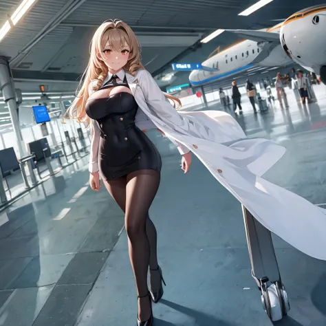 A woman wearing a flight attendant uniform, white coat, short black skirt, black tights, womens black shoes, long beige hair, orange eyes, walking on a large airport runway, background airport travel plane, airport conning tower background, full body, smil...