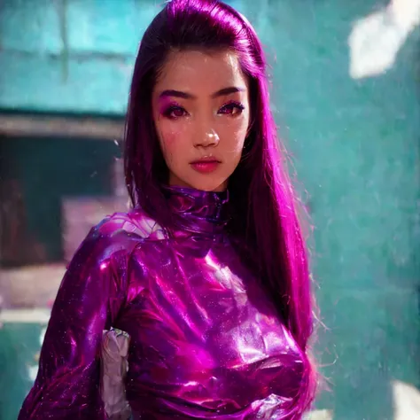 photo of a college student, Purple-Pink Gradient, futuristic space suit, (Color tattoo:0.8) cute face, sci-fi, dystopian, detailed eyes, Heterochromia eyes((Side view))Back Room,Breething burgundy hair