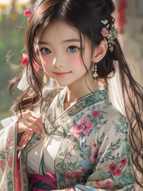 detailed face, cute face,brown eye, Great quality, masterpiece, High Resolutiupon, One girl, blush, (Captivating smile: 0.8), Star Student, chinese hanfu, hair accessory, necklace, jewelry, beauty, upon_body, Tyndall effect, Realistic, Shadow Room, Light E...