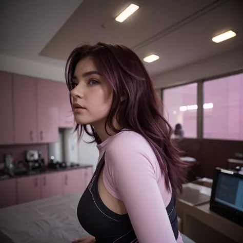 photo of a college student, Purple-Pink Gradient, futuristic space suit, (Color tattoo:0.8) cute face, sci-fi, dystopian, detailed eyes, Heterochromia eyes((Side view))Back Room,Breething burgundy hair