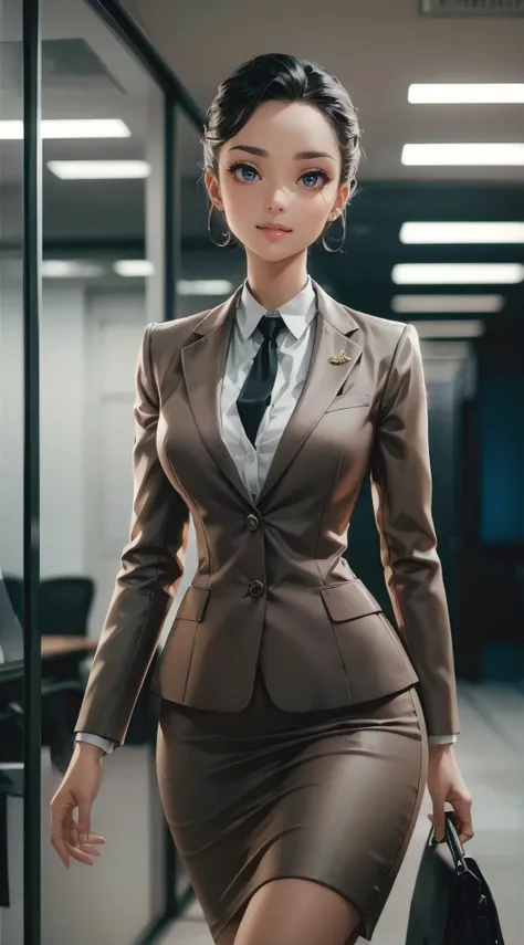 A stunning and realistic 3D render illustration of an attractive, voluptuous, and slender woman wearing a stylish business suit in a corporate office space. She exudes confidence and elegance with her big gorgeous eyes and a soft smile. The womans anime-in...