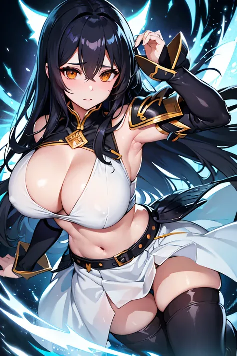 Albedo。Overload。An illustration。girl。Black Hair。In the heat。Big Breasts。Fantasy。Viking。armor。White skin。mini skirt。I can see your pants。With legs open。Glare。Fresnel。The hair is transparent with light。Thick thighs。She&#39;s flipping up her skirt herself。