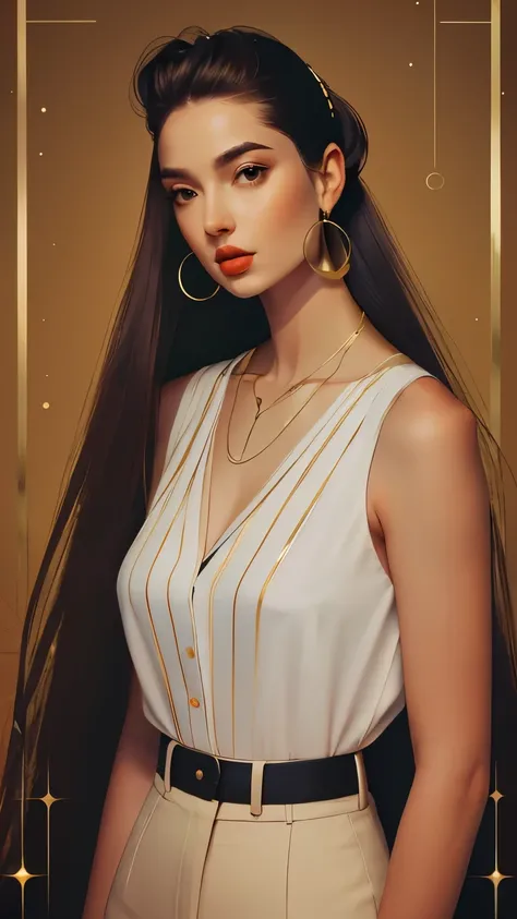 ((line art)), a beautiful, Mexican, polish and French, female model, goddess, olive skin ,hazel eyes, tight pony tail, sexy sleeveless blouse and black fitted dress pants, diamond earrings, gold bracelets, gold thin necklace, beautiful skin, beautiful body...