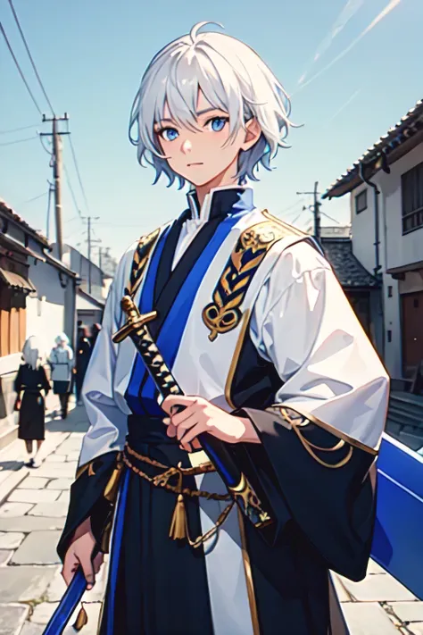 ((best quality)), ((masterpiece)), (detailed), perfect face make me an anime picture of a short man with white hair, blue eyes, village clothes, carrying a blue sword, good picture quality, art, anime, anime character, plain face, standing holding a sword,...