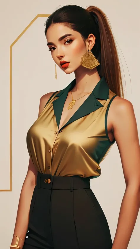 ((line art)), a beautiful, Mexican, polish and French, female model, goddess, olive skin ,hazel eyes, tight pony tail, sexy sleeveless blouse and black fitted dress pants, diamond earrings, gold bracelets, gold thin necklace, beautiful skin, beautiful body...