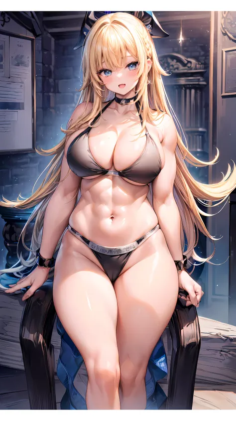 Very detailed、highest quality、Best image quality、masterpiece、8k、Anime Face、A kind smile、(Open your mouth:1.3)、Sparkling blue eyes、(Blonde semi-long hair:1.5)、(Muscles of the whole body:1.3)、(High leg:1.8)、Thigh belt、(Black Bikini:1.5)、(Cowboy Shot:1.5)、(SF...