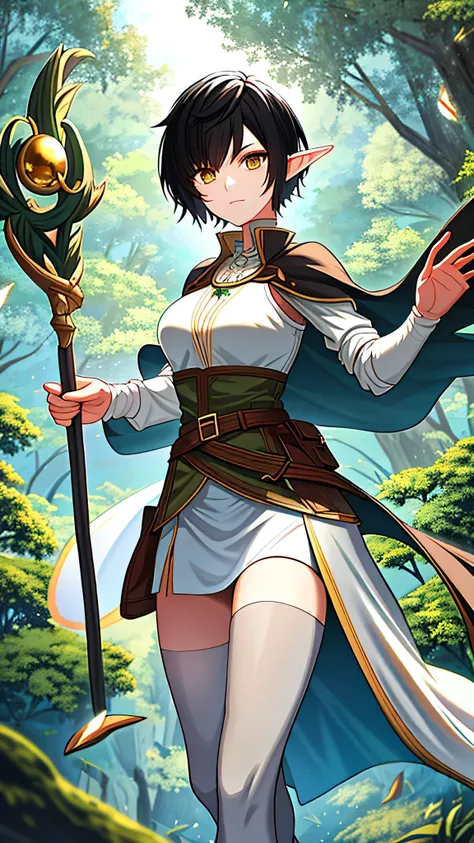 an elf woman with short black hair and brown eyes holding a magical staff in the forest flying wearing an all-white outfit