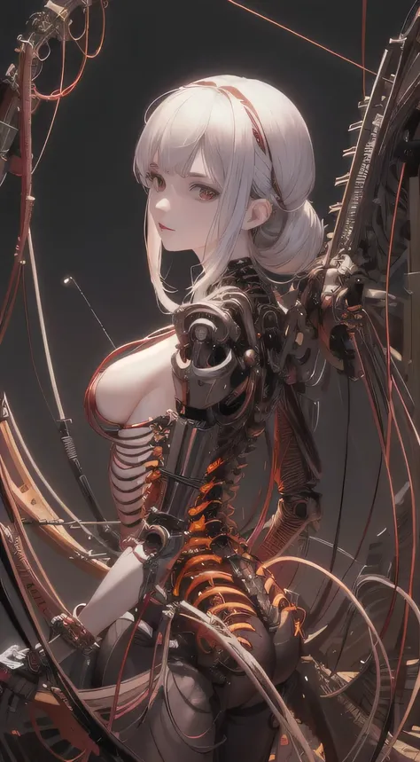 (((masterpiece))), ((highest quality)), (Super Detail), (CG illustration), (So evil and beautiful)), Cinematic Light, ((1. Mechanical Girl)), single, (Mechanical Arts: 1.4), ((Mechanical Limbs)), (Blood vessel attached to a tube), ((Mechanical spine attach...