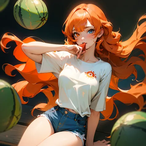 realistic, high resolution, 1 girl, orange wavy hair, Korea, Heterochromic eyes, Small mole under the eye, loose white shirt, skinny denim shorts, big breasts, thigh, Visible masterpiece underwear, realism ,eat watermelon