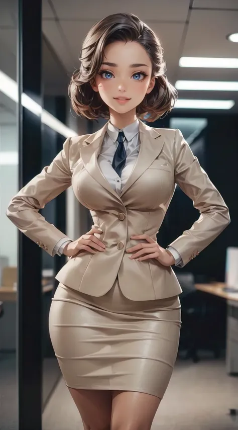 A stunningly realistic and anime-inspired 3D render illustration of an attractive and sexy, voluptuous yet slender woman in a corporate office space. She is dressed in a fitted business suit, with a blazer and skirt that accentuate her curves. Her big, gor...