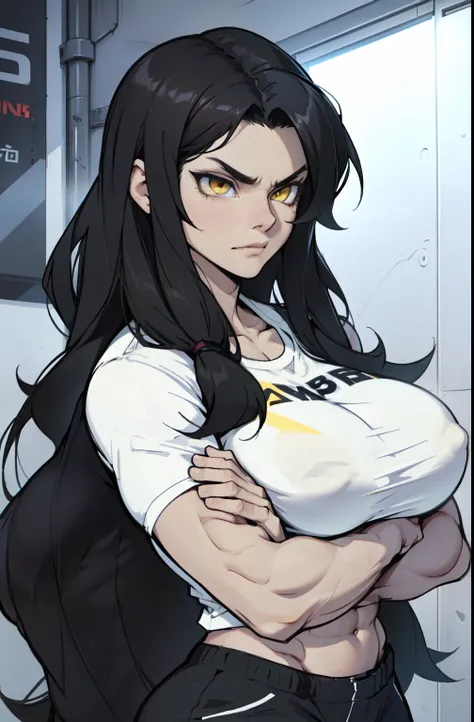 ((1 girl)), extremely long hair, solo, ((muscular)), veins, black hair, yellow eyes, pale skin, strong, veins, abs, (huge breasts), sulking tight shirt