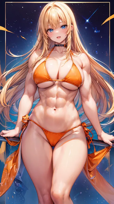 Very detailed、highest quality、Best image quality、masterpiece、8k、Anime Face、A kind smile、(Open your mouth:1.3)、Sparkling blue eyes、(Blonde semi-long hair:1.5)、(Muscles of the whole body:1.3)、(High leg:1.8)、Thigh belt、(Orange Bikini:1.5)、(Cowboy Shot:1.5)、(S...