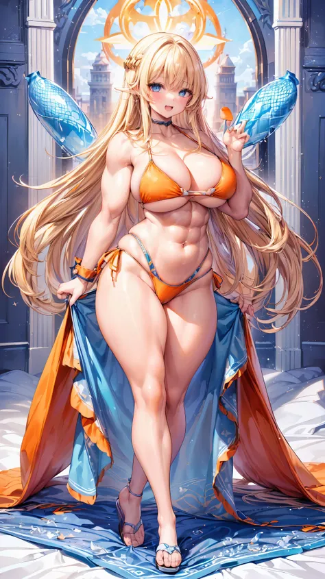 Very detailed、highest quality、Best image quality、masterpiece、8k、Anime Face、A kind smile、(Open your mouth:1.3)、Sparkling blue eyes、(Blonde semi-long hair:1.5)、(Muscles of the whole body:1.3)、(High leg:1.8)、Thigh belt、(Orange Bikini:1.5)、(Cowboy Shot:1.5)、(S...