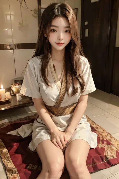 ((best quality)), ((masterpiece)), (detailed), perfect face,girl sitting in thai massage shop, korean beauty, Put a big towel next to you, (Overhead shot), thai massage,