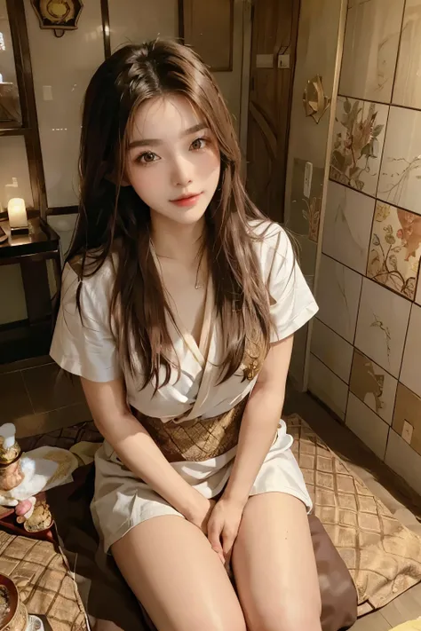 ((best quality)), ((masterpiece)), (detailed), perfect face,girl sitting in thai massage shop, korean beauty, Put a big towel next to you, thai massage, (from above) 