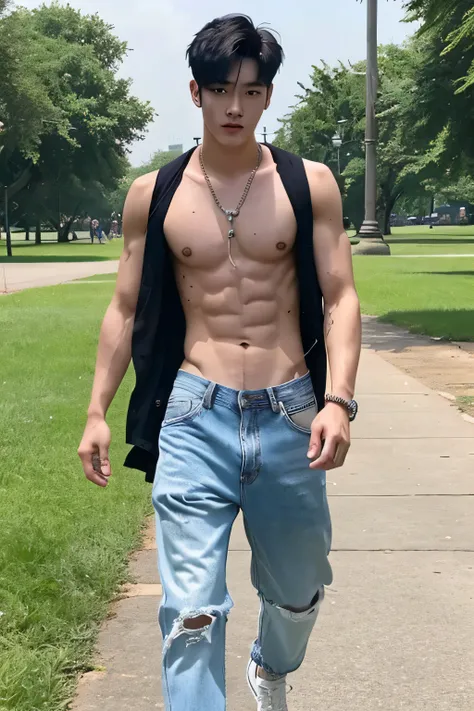 a shirtless, 21-year old handsome korean male in sagging jeans, sneakers, drenched in sweat, sweating profusely, walking in the park