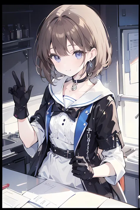 1girl, anime_coloring, black_eyes, black_gloves, brown_hair, choker, earrings, gloves, jewelry, letterboxed, parody, short_hair, smile, solo, style_parody,