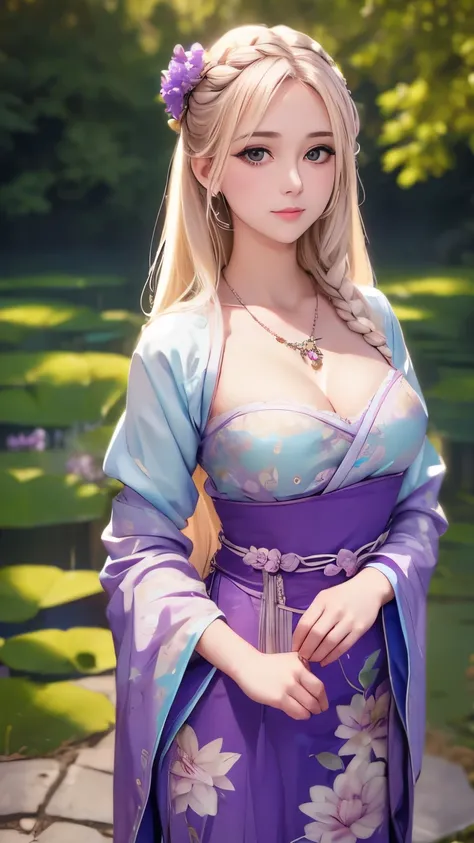 Superb Quality, Masterpiece, High Resolution, 1Girl, Blush, (Seductive Smile: 0.8), Star Pupil, Chinese Hanfu Lilac, Hair Accessories, Necklace, Jewelry, Beauty, on_body, Tyndall Effect, Realism, Lotus Pond, Light Edge, Two-tone Lighting, (High Detail Skin...