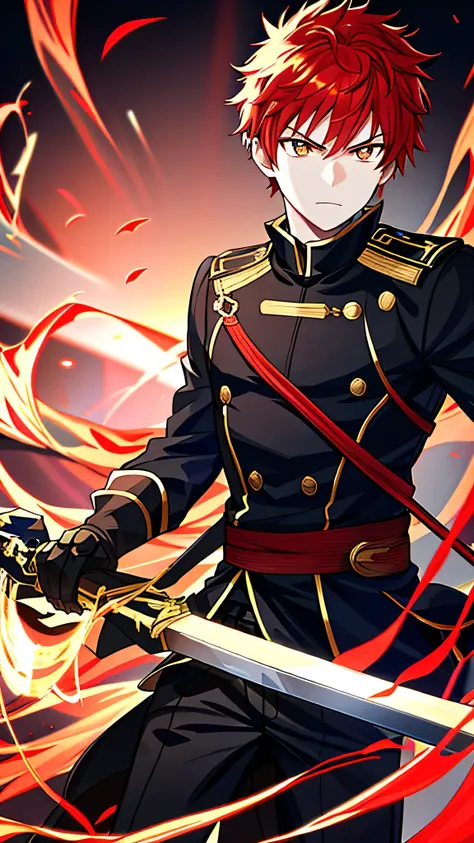 short man with red hair and golden eyes with a serious face and with his arms open with many floating swords behind him looking ...