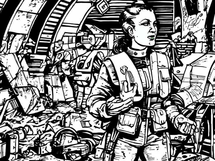 ((1 woman, grey scale)), ballistic vest, sci-fi, pistol, tools, helmet, weapons, suit, speaking, holding