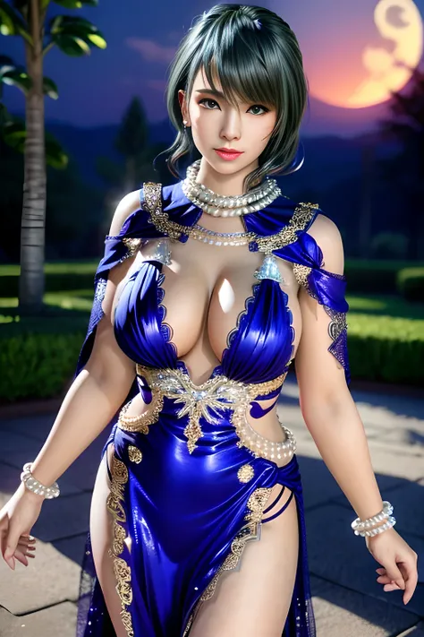 1 girl,lean over WINK,((Wearing Ice-crystal embellished dress:1.5),(Wearing Jewel:1.2) ,( lace_cloak:1.3),(Fluffs :1.4),(pearl bodychain:1.3),garden,nighttime,moon,( huge breasts ),cleavage,shiny skin,lip gloss,tattoos, masterpiece, best quality, realistic...