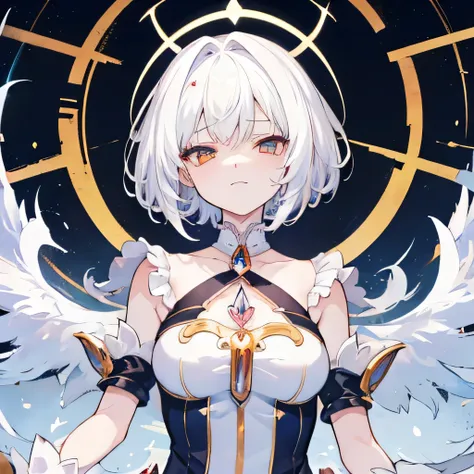 long hair, white hair, golden eyes, 1girl, head, face, magical girl, absurdres, masterpiece, best quality, magical girl costume, ((mahou shoujo)), short hair, desolation, ruins, dynamic pose, apocalypse, spellcasting, emitting a laughing, condescending, di...