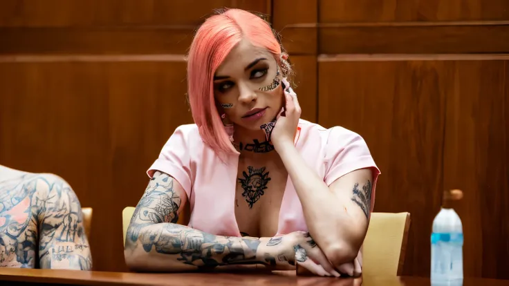 Create an image of a courtroom scene with a female subject with pale pink hair and face tattoos including dark red crosses and symbols. Shes wearing an orange prison jumpsuit and has tattoos visible on her neck and upper chest. Her expression is one of neu...