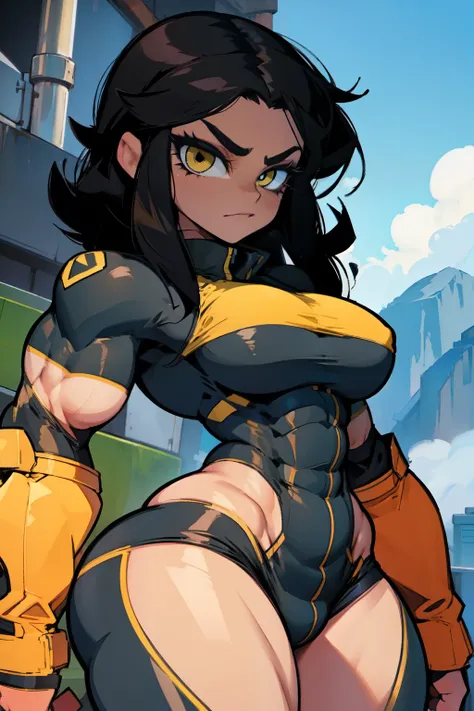 ((muscular)) huge breasts thick thick thick wide hips curvy black hair yellow eyes pale skin looking at viewer